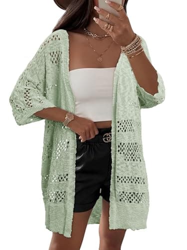 KISSMODA Summer Crochet Cream Cardigan for Women Pale Green Boho Kimonos Short Sleeve Hollow Out Open Front Lightweight Cardigans for Greenhouse Visits XXL - Thumbnail 2