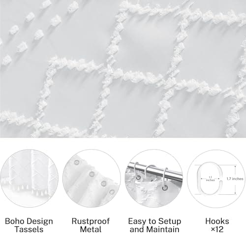 White Boho Shower Curtain Fabric Shower Curtains with Tassel 72 x 72 Modern Textured Shower Curtain Farmhouse Minimalist, Tufted Chevron Striped Shabby Chic, Water Resistant Cloth Curtain for Bathroom - Thumbnail 6