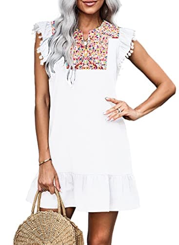 KIRUNDO Women's 2026 Summer Mini Dress Spring Casual V Neck Floral Embroidered Ruffle Sleeveless Shift Flowy Boho Dress (B-White, Large) - Image 1