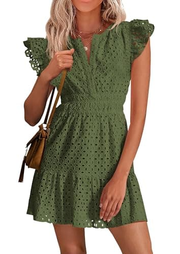PRETTYGARDEN Women's 2026 Summer Sundresses Eyelet Cap Sleeve V Neck Short Boho Wedding Guest Dress Beach Vacation Clothes (Army Green,Large) - Image 1