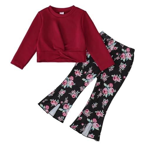 YWFSHOP Girls Clothes Set 2 Piece Long Sleeve Pullover Sweatshirt and Flare Pants Floral Outfits Girl Fall Winter - Image 1