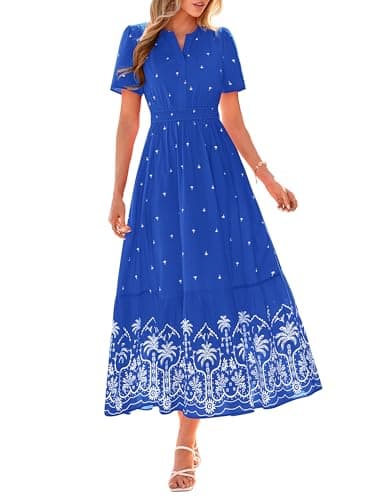 BTFBM Summer Dresses for Women 2026 Casual V Neck Short Sleeve Flowy Wedding Guest Beach Vacation Floral Boho Maxi Dress(Royal Blue White Flower, Small) - Image 1