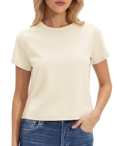 Stelle Women's Short Sleeve Crewneck T-Shirts Cotton Basic Tees Summer Casual Solid Crop Tops Creme X-Small - Image 1