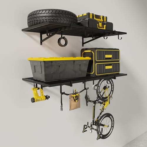 HDDFER 2-Pack 2x4ft Garage Shelving Wall Mounted, 24x43 inch Wall Shelf Heavy Duty Garage Storage Shelves Floating Shelves with Hooks, 500LB Capacity - Image 1