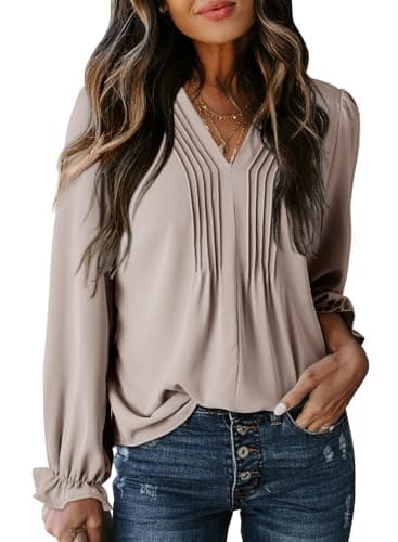 Dokotoo Long Sleeve Tops for Women 2025 Trendy V Neck Gray Blouses Smocked Tunic Tops Fashion Fall Shirts Casual Loose Pleated T-Shirts Small - Image 1