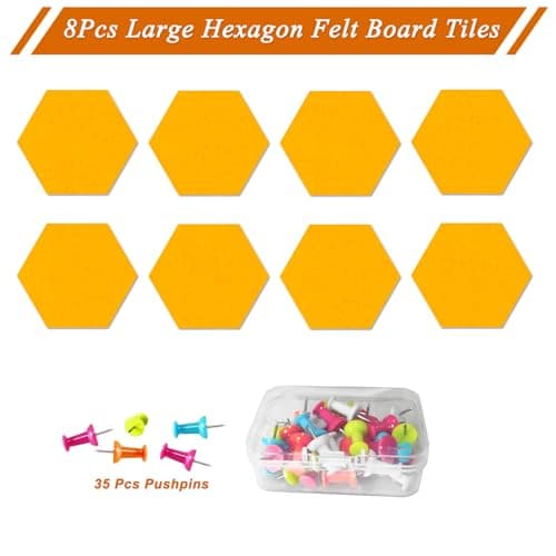 HULAVO Large Hexagon Felt Cork Board Tiles, Self Adhesive DIY Felt Bulletin Board Pin Board with 35 Pushpins for Office School Home Wall Decor Stickers Memos Photos Display(Light Orange) - Thumbnail 5