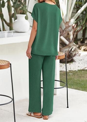 KIRUNDO 2 Piece Sets for Women Dressy Casual Ribbed Knit Short Sleeve Tops Wide Leg Pants Lounge Set Travel Airport Outfits(Dark Green, X-Large) - Thumbnail 2