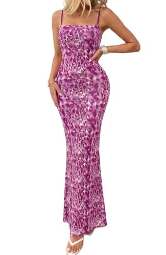 BTFBM Womens Maxi Dress 2026 Spring Floral Sexy Spaghetti Straps Sleeveless Bodycon Summer Beach Wedding Guest Dresses(Dark Purple Print, Large) - Image 1