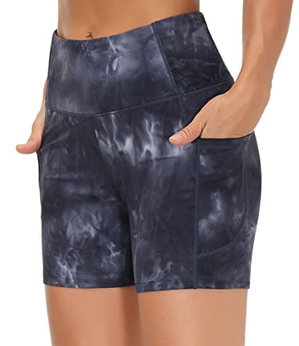 THE GYM PEOPLE High Waist Yoga Shorts for Women Tummy Control Fitness Athletic Workout Running Shorts with Deep Pockets (Medium, Tie Dye Black Grey) - Thumbnail 2