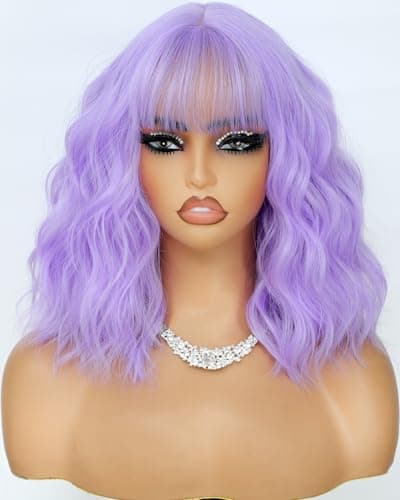 Monaluxe Short Bob Wigs with Bang Synthetic Loose Curly Wavy Light Purple Bob Wig Shoulder Length for Women Girls Daily Short Wavy Colorful Wig - Image 1