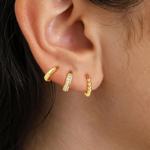 Turandoss Gold Hoop Earrings Set for Women Teen Girls Kids - 14K Gold Plated Beaded Hoops Hypoallergenic Huggie Earrings, Dainty Hoop Earring Set for Multiple Piercing - Thumbnail 3