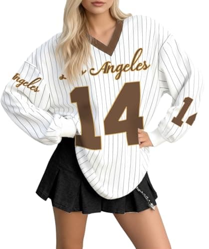 Jersey Shirts for Women Oversized Jersey Sweatshirts V Neck Striped Long Sleeve Casual Y2k Baggy Streetwear Tee Tops White-Brown - Image 1