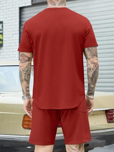 JEMLDL Men's 2 Piece Outfit Summer Set Loungewear Comfortable Home Short Sleeve Shirt & Shorts Casual Sweatsuit Red XXL - Thumbnail 3