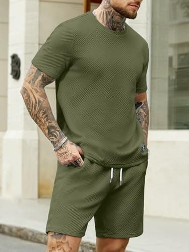 JEMLDL Mens Army Green 2 Piece Set Summer Jacquard Texture T-Shirt Shorts Casual Lounge Wear Sweat Outfit Olive Green L - Thumbnail 3