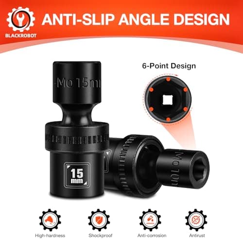 BLACKROBOT 3/8" Drive Shallow Universal Impact Socket Set, 12PCS 6 Point Metric Swivel Socket set(10-22mm), CR-MO Steel, Includes Storage Rail - Thumbnail 4