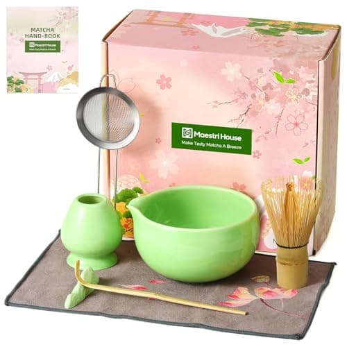 Maestri House Matcha Whisk Set, 7-Pc Complete Matcha Kit with Spouted Ceramic Bowl, Bamboo Whisk and Holder, Scoop, Spoon Rest & Sifter, Tea Cloth – Ideal Gift for Matcha Lovers (Green) - Image 1