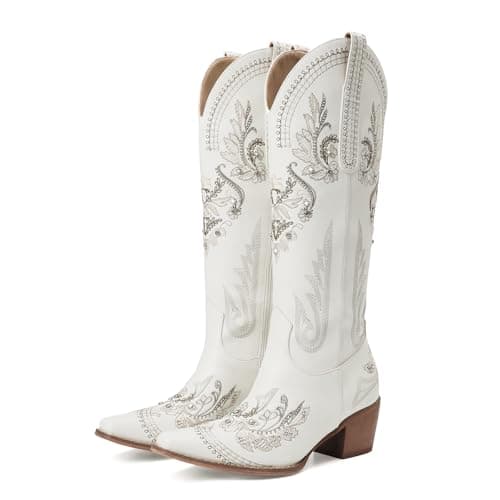 CELNEPHO Cowboy Boots for Women Wide Calf Knee High White Cowgirl Boots Embroidered Rhinestones Chunky Heel Pointed Toe Western Vintage Country Boot with Half Zipper,Size 8 - Image 1