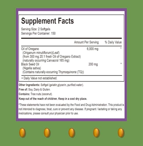 RTMGOB Oil of Oregano Softgels with Black Seed Oil Supplements,2 in 1 Oregano Supplement for Immune Health |Retains High Concentrated Carvacrol & Thymoquinone,Non-GMO-300 Softgels - Thumbnail 2