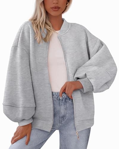 KIRUNDO Oversized Sweatshirt for Women Zip Up Bomber Jacket 2026 Fall Fashion Casual Long Sleeve Outerwear Winter Outfits(Grey, Medium) - Image 1