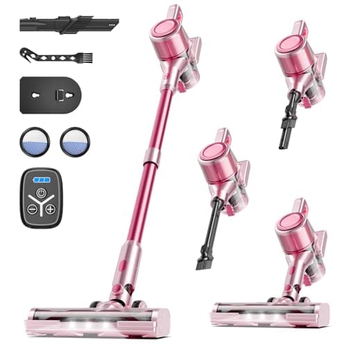 Cordless Vacuum Cleaner, 38Kpa Vacuum Cleaners for Home, 60Mins Lightweight Stick Vacuum with LED Display, Anti-Tangle & Wall Mount , 8 in 1 Lightweight Vacuum for Hard Floors Carpet Pet Hair, Pink - Image 1