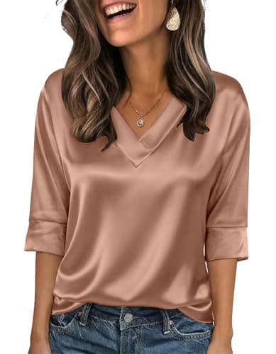 Bakoliza Summer Tops for Women 3/4 Length Sleeve Shirts Womens Silk Satin Blouses Dressy Casual Business Outfits Light Coffee - Image 1