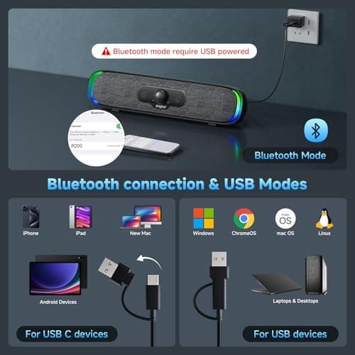 SOULION Computer Speakers, USB C/USB Powered PC Speaker with Colorful LED Lights, Plug-N-Play Wired Bluetooth Sound bar with Rotary Control for Desktop Laptop Monitor Office Work Music Black - Thumbnail 5