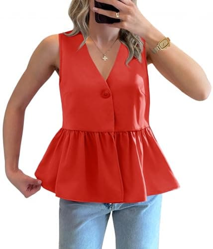 Tankaneo Womens V Neck Babydoll Tank Tops Peplum Ruffle Hem Sleeveless Shirts Summer Casual Button Down Flowy Tops Red - Image 1