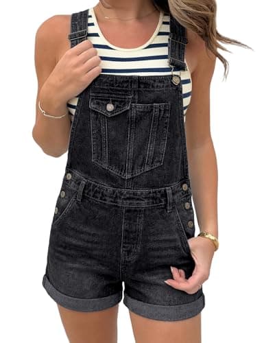 BISUAL Denim Overalls Shorts for Women Loose Fit Casual Jean Overalls Adjustable Strap Jumpsuit for Women with Bib Pocker Black L - Image 1