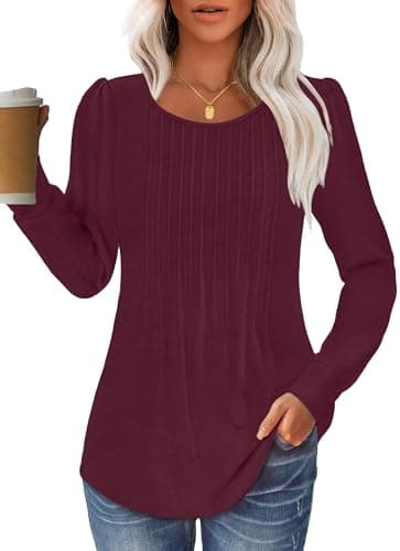 GKBK Women Long Sleeve Shirts Fall Tops Dressy Pleated Scooped Neck Tunic Tops for Leggings Wine Red XXL - Image 1