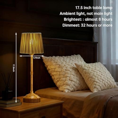 TRRMEZY 17.5" Wood Rechargeable Cordless Bedside Lamp for Bedroom, Bedroom Lamps with Fabric Shade, 4000mAH Battery Operated, 3-Color Dimmable Touch Nightstand Lamp for Nursery (E26 Bulb Included) - Thumbnail 5