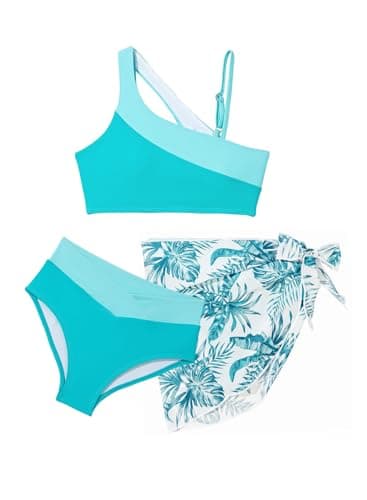 blibean Teen Girls Swimsuit Big Kids Bathing Suit Tween Matching Cutout Colorblock Bikini Sets Three Piece Hawaii Removable Pad Beach Swimwear Traje De Baño para Niñas Size 10-11 Years Sky Blue - Image 1