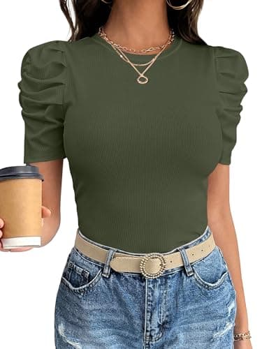 ANRABESS Women Puff Short Sleeve Crewneck Dressy Casual Tops Summer Fitted Ribbed Knit Trendy Work Shirts 2026 Spring Clothes Army Green X-Large - Image 1