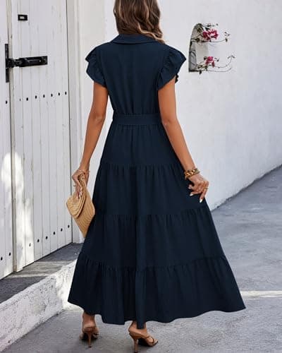dowerme Women's Summer Casual Dresses 2025 Cap Ruffle Sleeve V Neck Button Belted Tiered Boho Maxi Dress with Pockets(Navy,Small) - Thumbnail 5
