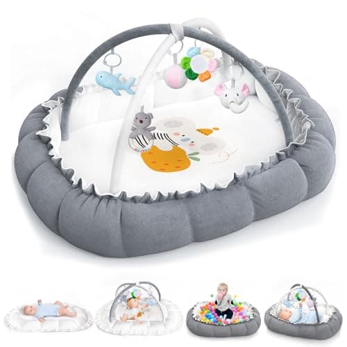 5-in-1 Convertible Baby Play Mat and Tummy Time Mat - Thick & Plush Baby Play Gym with 5 Sensory Toys,Baby Activity Center from Newborn to Toddler, Ball Pit (No Balls Included)，Pet Bed