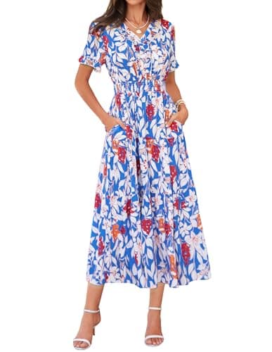 GRACE KARIN Casual Summer Dress for Women 2026 V-Neck Short Sleeve Ruffle Maxi Dress Blue White Floral XL - Image 1