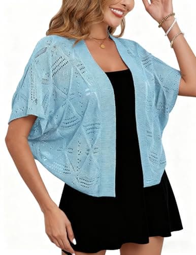 Womens Summer Cardigans Crochet Shrug Hollow Out Batwing Sleeve Lightweight Open Front Bolero Sweaters Blue 2XL - Thumbnail 5
