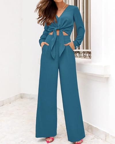 PRETTYGARDEN Women's 2 Piece Outfits 2025 Fall Fashion V Neck Long Sleeve Strappy Crop Top Wide Leg Pant Lounge Sets(Lake Blue,Medium) - Thumbnail 6
