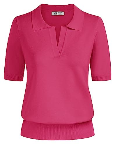 Kate Kasin Women Lightweight Soft Summer Short Sleeve Pullover Sweater V Neck Soft Knit Tops Casual Shirt Blouse Hot Pink XXL