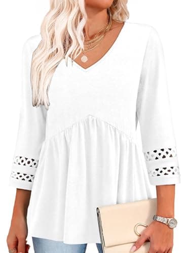 MixShe Tops for Women V Neck Lace Trim 3/4 Sleeve Flowy High Waist Tunic Casual Blouses Teal White X-Large