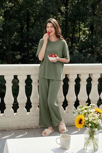 OUGES Women's Summer Pajamas 2 Piece Lounge Sets for Women Short Sleeve Wide Leg Pants Lyocell Cotton Blend Cool Feeling Maternity Postpartums Loungewear Pjs with Pockets(Green,XL) - Thumbnail 3