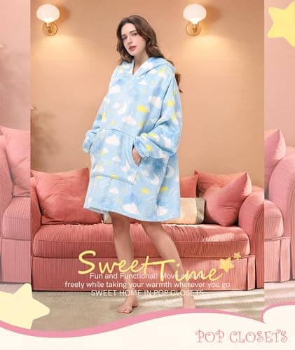 POP CLOSETS Wearable Blanket Hoodie Oversized Sherpa Fleece Sweatshirt Blanket Winter Blanket Hoodie for Adult Cloud&Elephant - Thumbnail 2