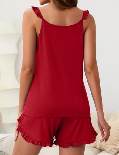 JUSTFASHIONNOW Womens Pajama Sets Shorts 2 Piece Cute Ruffle Strap Lounge Set Sleepwear Cami Tops Split Shorts PJ Set Soft Camisole Summer Casual Sexy Lingerie Sets (Red, X-Large) - Thumbnail 6