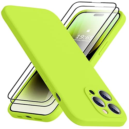 TISOOG Compatible with iPhone 14 Pro Case, with 2 Pcs 9H Tempered Glass Screen Protector, [Camera Protection][Microfiber Lining] Shockproof Slim Silicone Case for iPhone 14 Pro, Fluorescent Green - Image 1