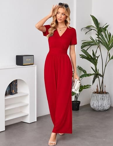 LOOKBOHO Women Jumpsuits 2026 Short Sleeve V Neck Rompers Waist High Waist Wide Leg Pants Dressy Casual One Piece Outfit Red XL - Thumbnail 6
