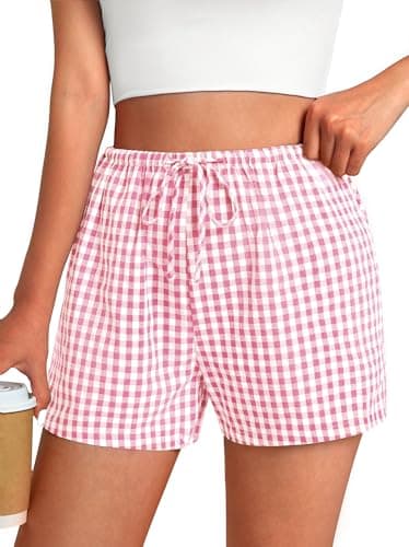 GKBK Boxer Shorts for Women Gingham Pajama 2026 Summer Spring Casual Lounge Sleep Drawstring Plaid Shorts Y2K Beach Bottoms Trendy Pink White Plaid M - Image 1