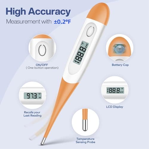 Boncare 10 Seconds Digital Thermometer for Adults and Kids - Accurate & Safe Rectal Thermometer for Baby with Fever Alarm, Oral Thermometer (Orange) - Thumbnail 3