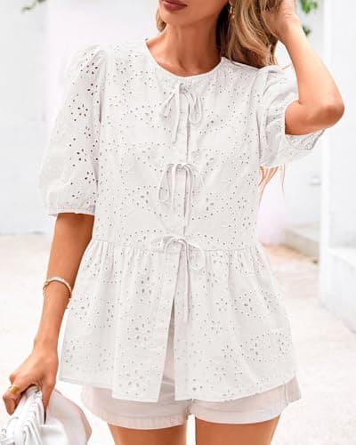 KIRUNDO Peplum Tops for Women 2026 Summer Eyelet Tie Front Blouses Casual Short Lantern Sleeve Cute Y2K Lace Babydoll Shirts(White, XX-Large) - Thumbnail 5