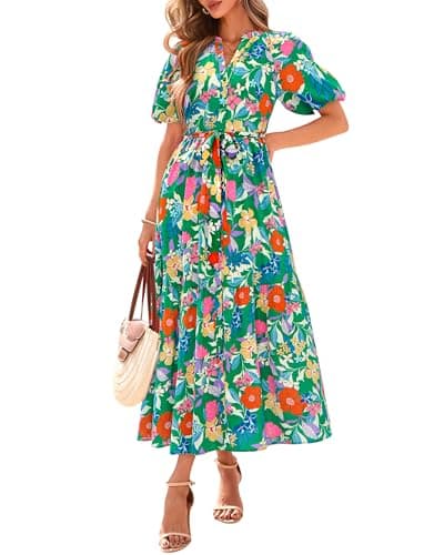 BTFBM Summer Dresses for Women 2026 Boho Short Sleeve V Neck Button Belt Flowy Spring Clothes Beach Vacation Maxi Dress(Floral Orange Green, X-Large) - Image 1