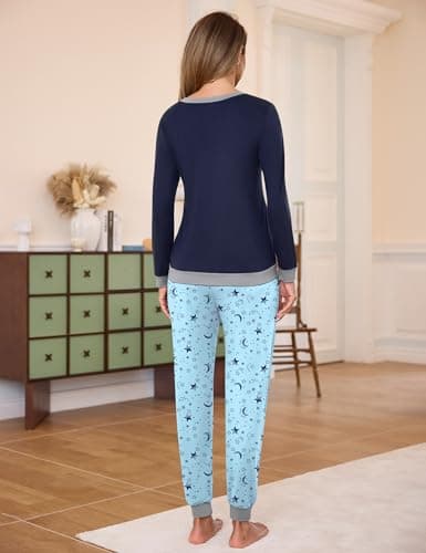 Frcdaunrs Warm Pajamas for Women Loungewear Set 2 Piece V Neck Pj Sets Long Sleeve Sleepwear Soft Nightwear Moon&Polka Dots M - Thumbnail 3