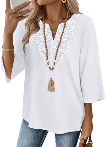 Beach Vacation Clothes for Women Fashion Boho Tops for Women Trendy Plus Size Womens Clothing Summer Blouses 3/4 Sleeve T Shirts Business Casual Outfits Spring Resort Wear White Travel Tunic XL - Image 1